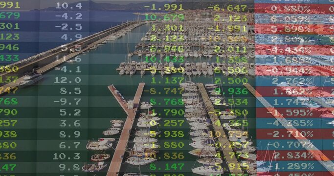 Showing coastal marina with docked sailboats, wood and concrete piers, with financial data overlay - Powered by Adobe