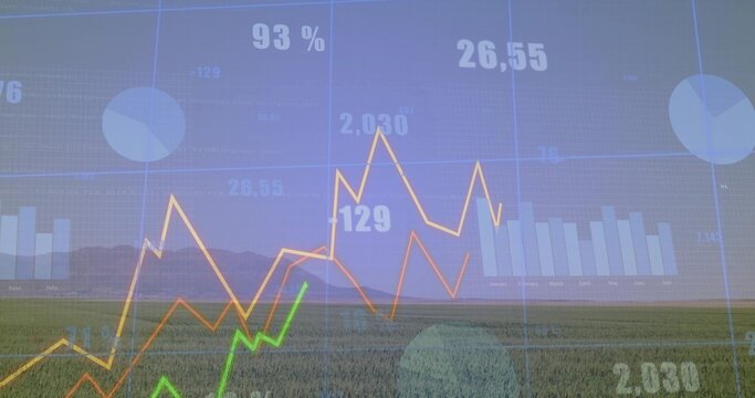 Displaying transparent data dashboard over field and mountains, with colorful graphs and labels