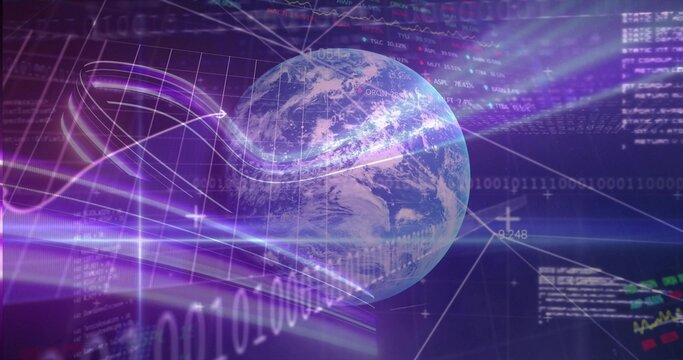 Naklejki Circulating stylized Earth globe in virtual data space, showing binary digits and glowing streaks