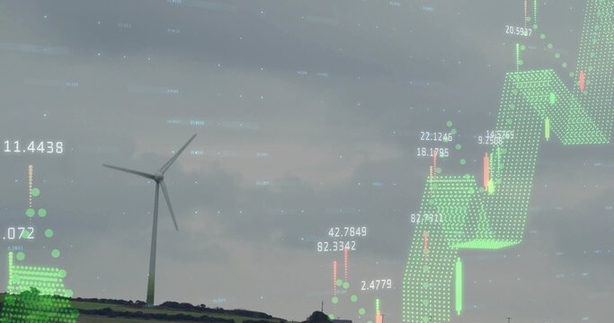 Standing wind turbine on rural hillside, with candlestick chart numeric points overlay, copy space
