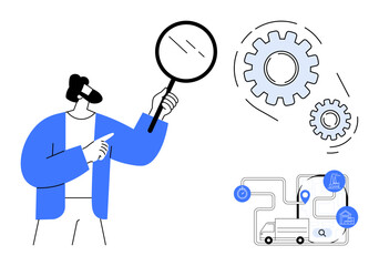 Person holding magnifying glass pointing at system with gears, truck, data points. Ideal for logistics, efficiency, technology, process management, analysis delivery research. Clean flat metaphor