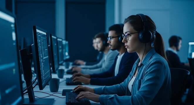 Young woman intently focused on computer screen in a modern data center office environment.