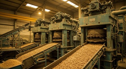 Naklejka premium Industrial machinery processes wood chips into pellets within a large factory setting.