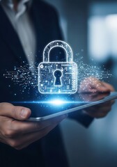 Digital lock icon projected over tablet cybersecurity concept