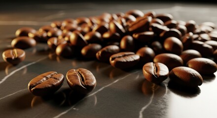 Close-up of glossy roasted beans on marble surface, luxurious lighting, high res