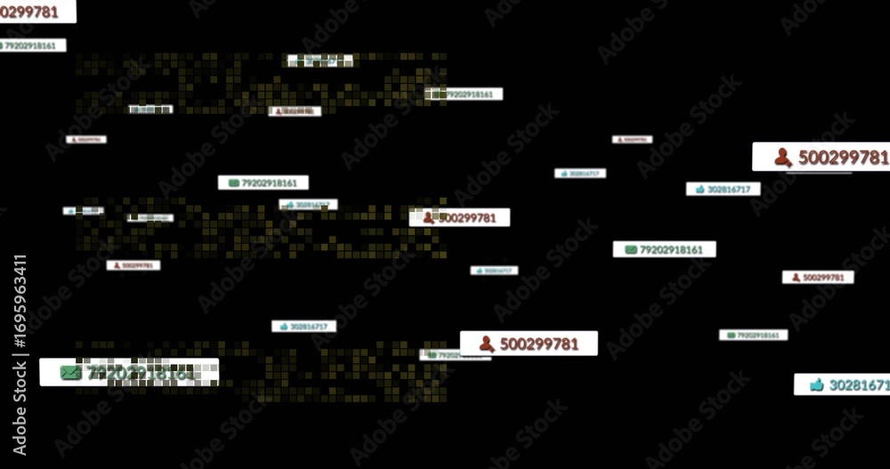 Aufkleber floating digital tags with pixel clusters drifting in digital space, displaying id tags and icons
