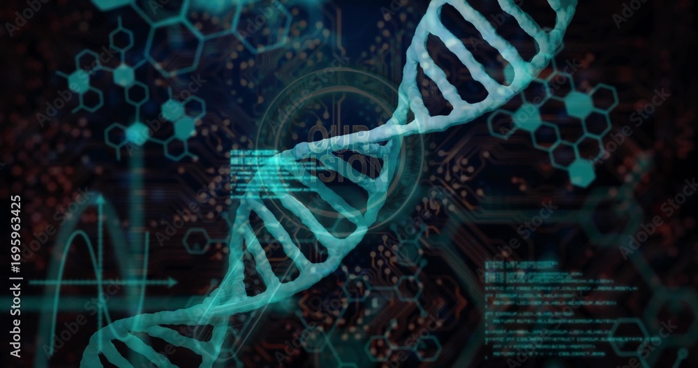 Aufkleber spiraling turquoise dna double helix crossing circuit board, with code snippets, molecular diagrams