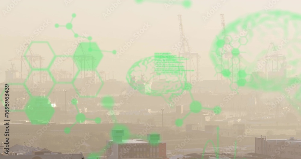 Poster glowing neon interface showing hexagonal molecular brain graphics above cranes and silos in harbor