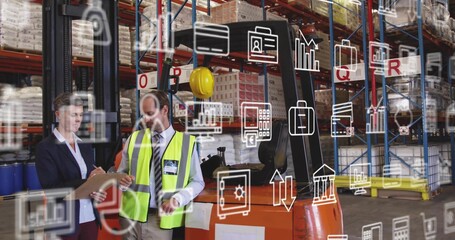 Reviewing warehouse staff checking stock on clipboard beside orange forklift, digital overlay icons