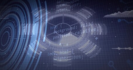 Displaying interface on blue grid, with circular HUD, concentric circles, code snippets, charts