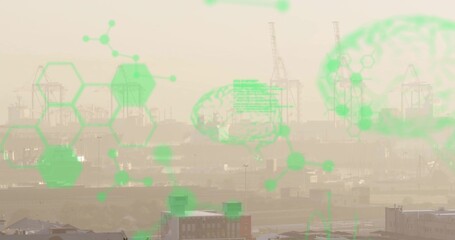 Glowing neon interface showing hexagonal molecular brain graphics above cranes and silos in harbor
