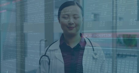 Standing Chinese doctor reflecting calmly in clinic corridor, with stethoscope, encryption overlay