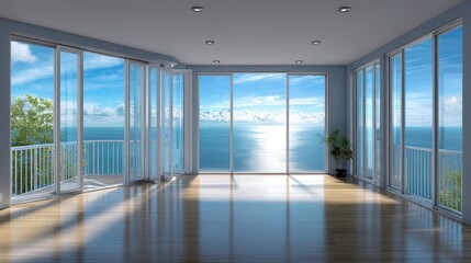 Fototapeta premium Ocean View Luxury Apartment, Modern Interior, Sea, Windows