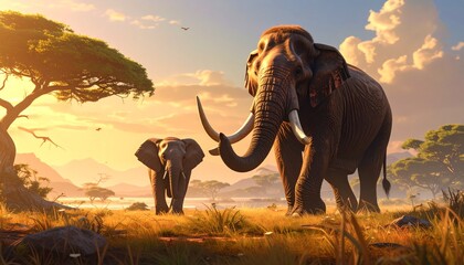 Naklejka premium A majestic elephant with enormous tusks guides a young calf across a sun-drenched savanna at dawn