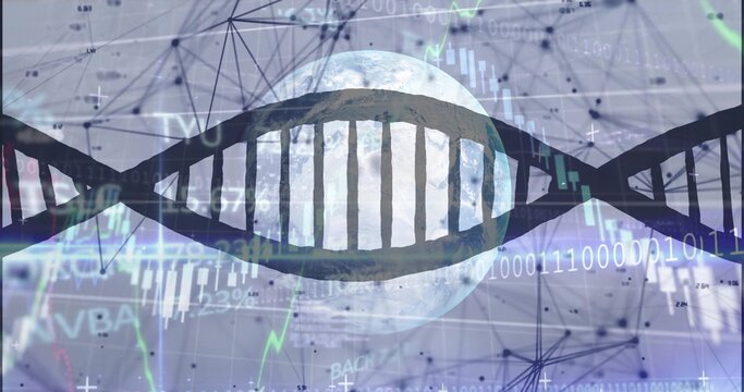 Displaying double helix hovering across data field, with globe, binary code, candlestick charts