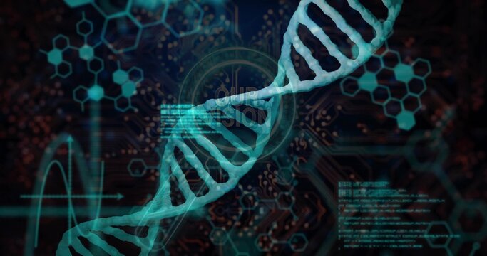 Spiraling turquoise DNA double helix crossing circuit board, with code snippets, molecular diagrams