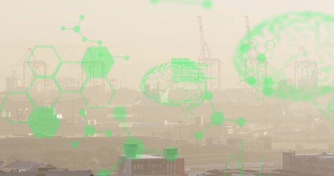Glowing neon interface showing hexagonal molecular brain graphics above cranes and silos in harbor