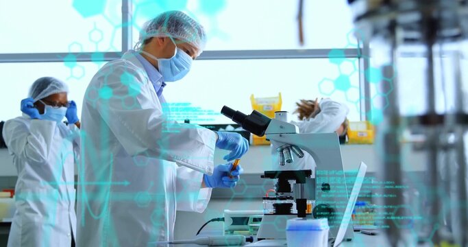 Pipetting scientist wearing lab coat mask gloves at lab bench, with pipette microscope copy space