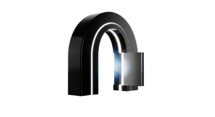 Grand, precise black obsidian portal, retracted chrome panel, ethereal silver light on reflective ground, transparent background. Concept of ancient mystery and futuristic discovery
