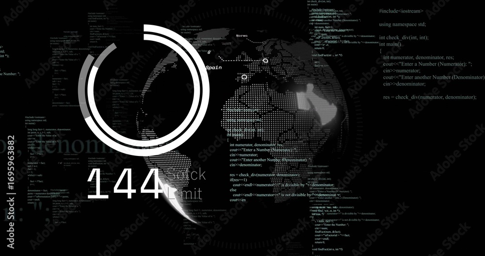 Poster showing dot-matrix globe spinning on dashboard, with circular progress displaying 1440 and c++ code