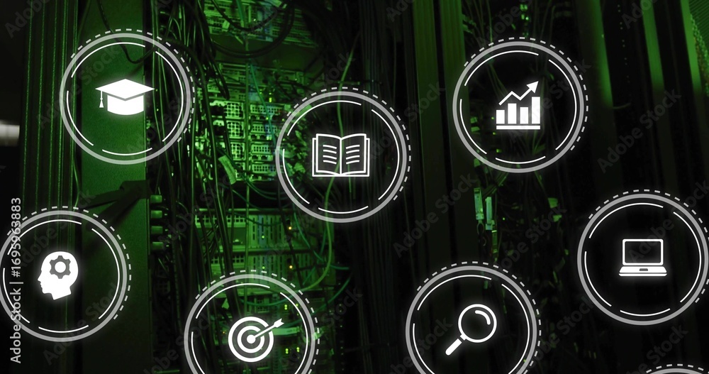 Aufkleber displaying white digital icons hovering over server racks in data center, with network cables