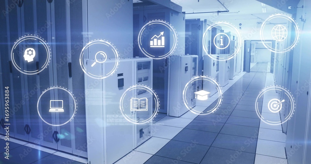Poster displaying data center aisle featuring server racks with vents and cable trays, with floating icons