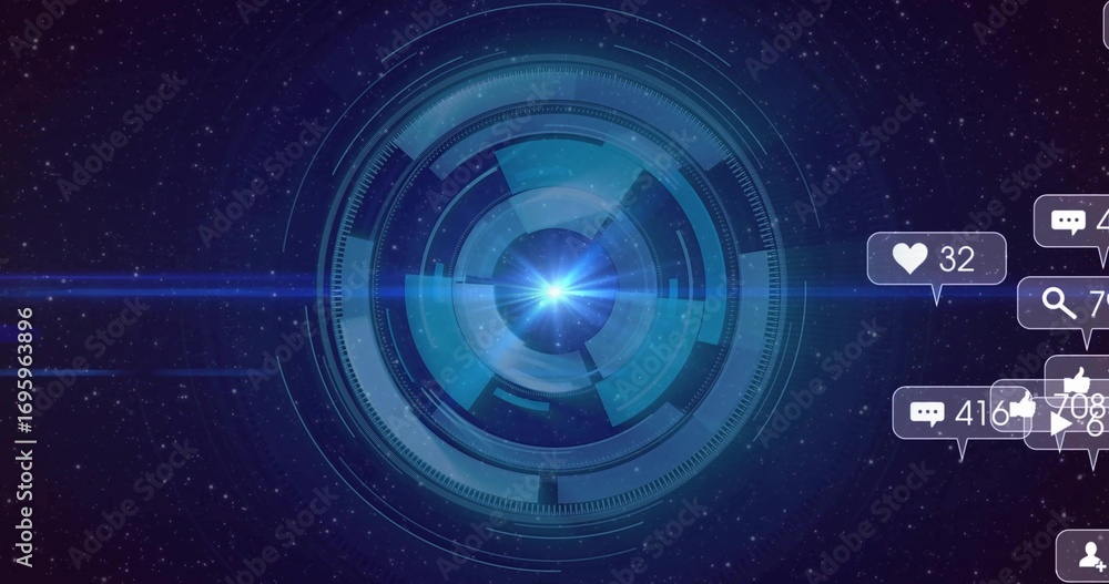 Poster displaying holographic circular interface in virtual starfield, with floating social media icons
