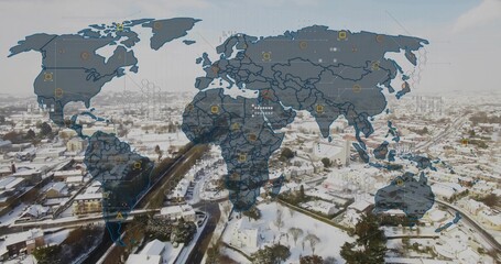 Showing stylized world map overlay over snowy suburban neighborhood, with data nodes, network lines