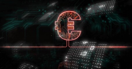 Neon-lit euro symbol hovering above red laser line in void, with floating 5G panels, circuit traces