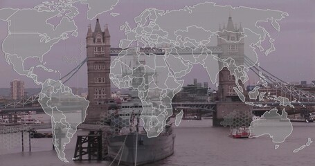 Tower Bridge spanning Thames quayside, showing retired warship passenger boat world map overlay