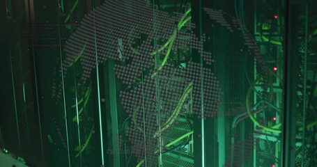 Highlighting black server racks showing green fiber and ethernet cables in data center, map overlay