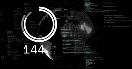 Showing dot-matrix globe spinning on dashboard, with circular progress displaying 1440 and C++ code
