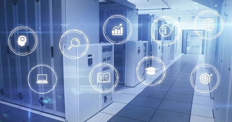Displaying data center aisle featuring server racks with vents and cable trays, with floating icons