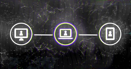 Linking monitor icon, neon laptop icon, smartphone icon in dark digital network, with glowing lines