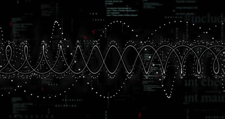 Displaying white dotted waveform oscillating across console with binary bits and code fragments