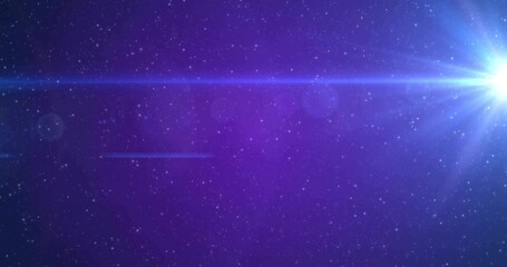 Radiating white-blue star generating lens flares, horizontal streaks in outer space, copy space
