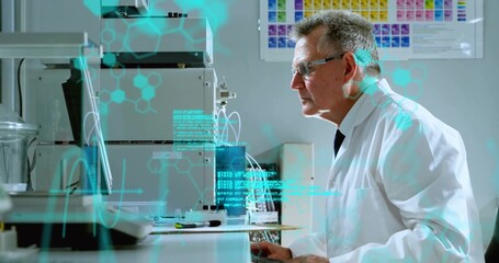 Analyzing scientist wearing lab coat examining monitor with spectrometer tubing in lab, copy space