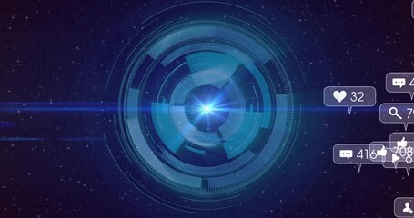Displaying holographic circular interface in virtual starfield, with floating social media icons