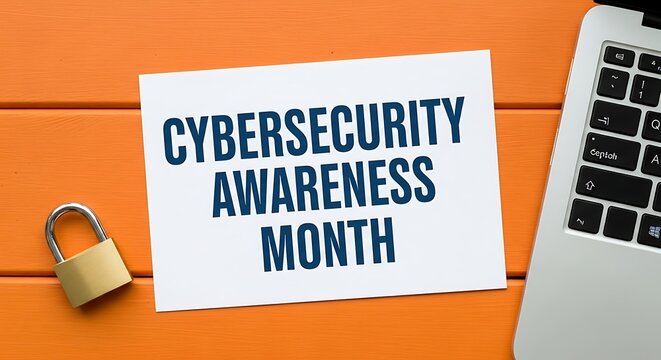 Cybersecurity awareness month reminder with a padlock and laptop on an orange surface