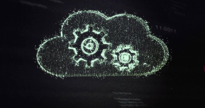 Floating glowing particle cloud icon hovering in virtual display, with gear symbols and binary code - Powered by Adobe