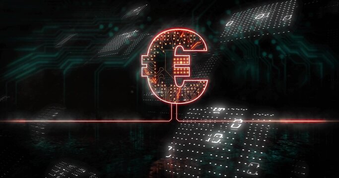 Neon-lit euro symbol hovering above red laser line in void, with floating 5G panels, circuit traces - Powered by Adobe