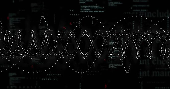 Displaying white dotted waveform oscillating across console with binary bits and code fragments - Powered by Adobe