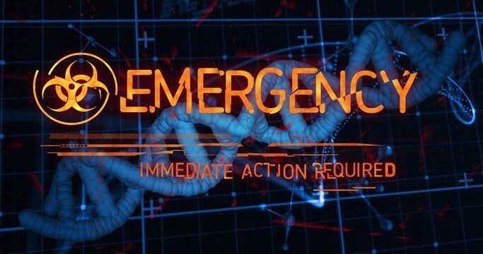 Flashing EMERGENCY warning with biohazard icon and DNA helix on panel, grid overlay, red particles
