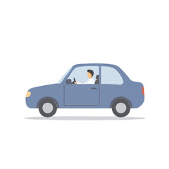 Blue car with driver illustration on white background for transport design