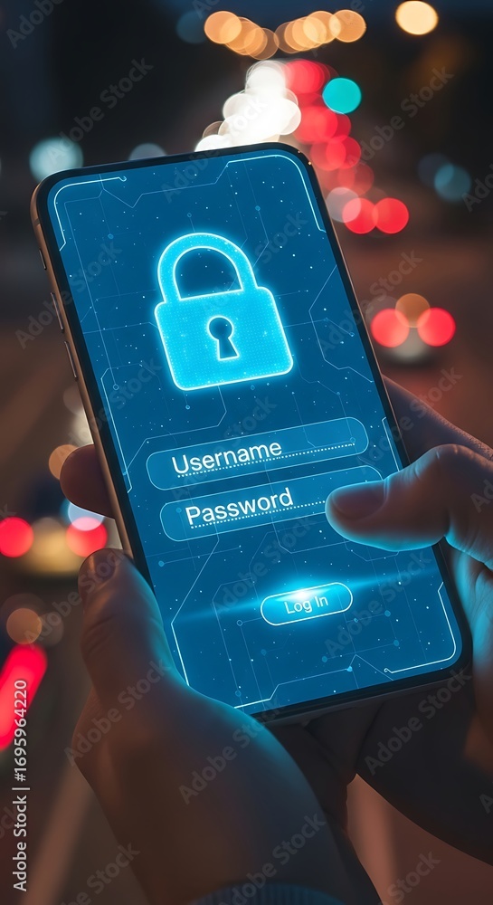 Poster secure mobile login screen with glowing padlock icon and abstract bokeh lights background