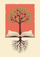 An artistic representation of a tree growing from an open book, symbolizing knowledge and growth