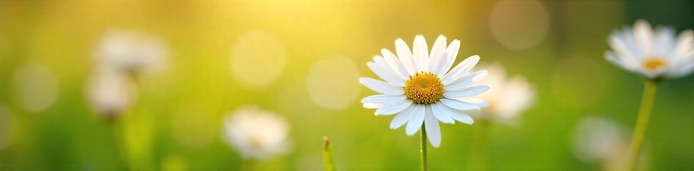 Naklejka premium Close-up view of delicate chamomile flowers blossoming in a vibrant spring meadow, sunlight illuminating petals Pure natural beauty, perfect for wellness and nature themes , vibrant, fresh