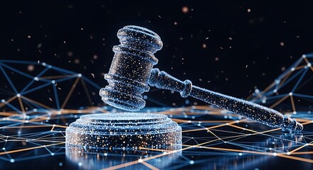 Digital gavel and futuristic network abstract represents justice and technology