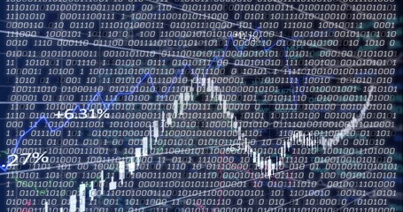 Displaying candlestick chart showing rising white trend line over dark blue grid, binary overlay