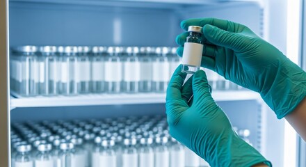 Scientist inspects vaccine vial in cold storage with rows of medicine